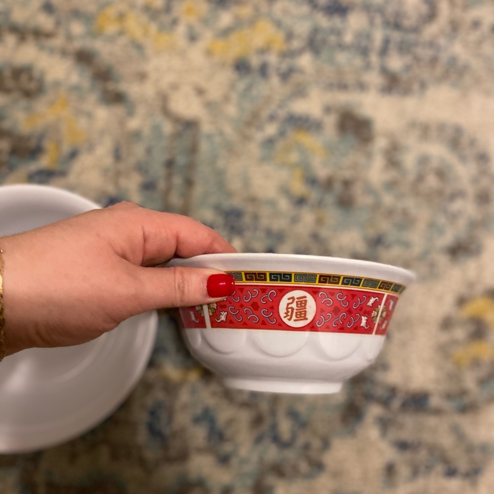 Like new set of 2 Koyo Melamime Chinese Longevity Bowls – Red & Gold Dinnerware - Picture 4 of 5